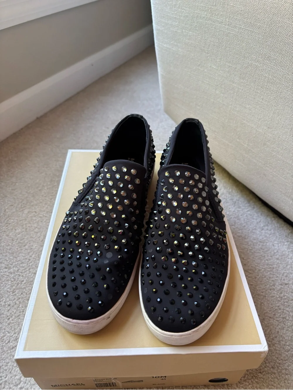 Michael Kors Black Slip-On Loafers with Crystal Stud Accents